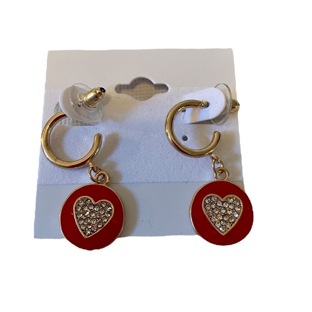 Panacea Pave Crystal & Red Heart Dangle Earrings. - Picture 2 of 6